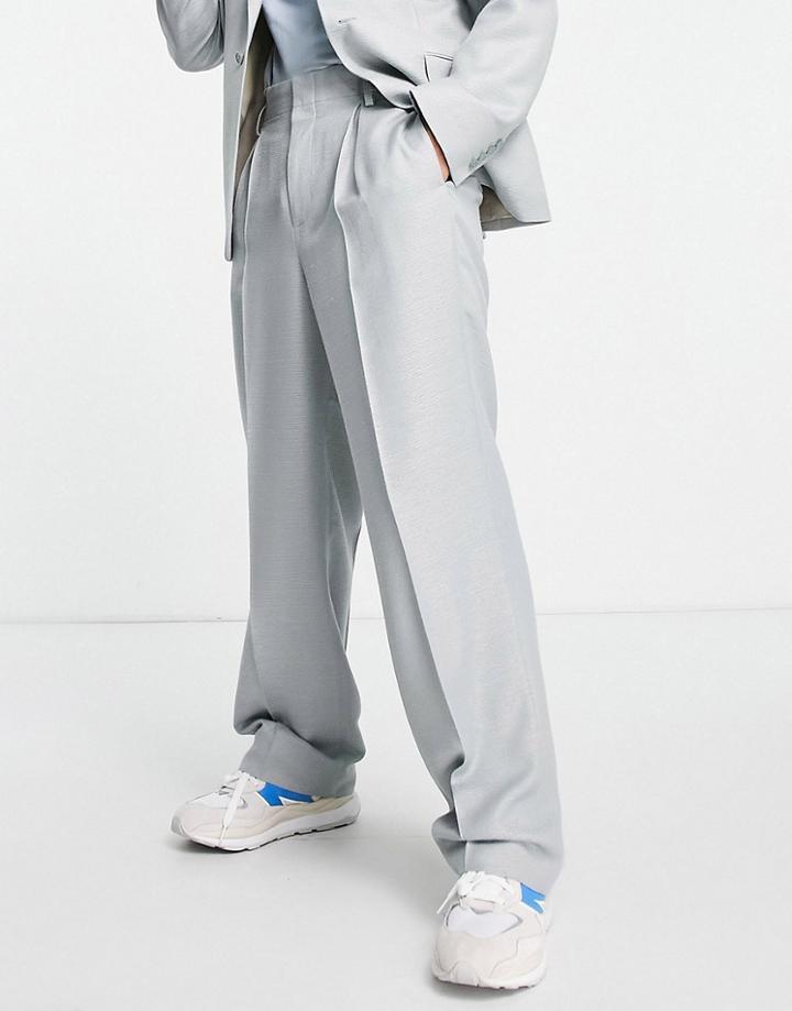 Asos Design Wide Leg Suit Pants In Silver High Shine Shimmer
