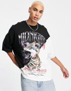 Asos Design Oversized T-shirt In Black And White With Spliced Grunge Print