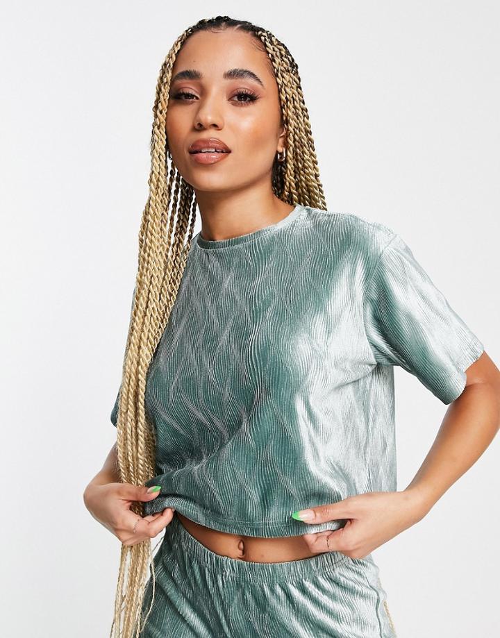 Asos Design Lounge Mix & Match Velour Plisse Tee In Sage-green