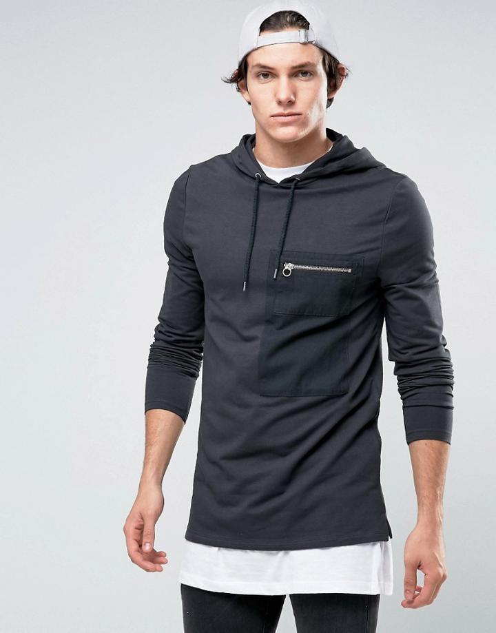 Asos Muscle Hoodie With Woven Zip Pocket - Black