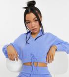 Asos Design Petite Set Crop Sweater With Open Collar Detail And Tie Waist In Light Blue-blues