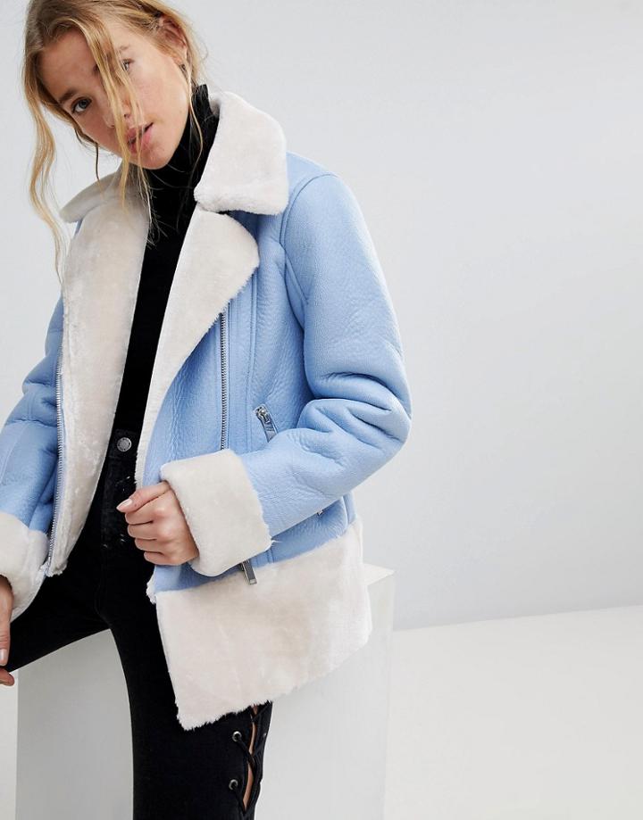 Miss Selfridge Faux Shearling Aviator Jacket - Blue