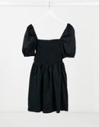 Miss Selfridge Poplin Puff Sleeve Dress In Black