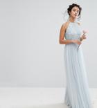 Maya Petite High Neck Maxi Tulle Dress With Tonal Delicate Sequins - Blue