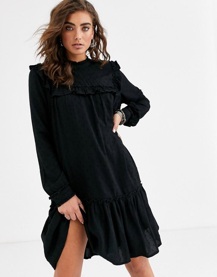 Object Dobby Mini Smock Dress With High Frill Neck-black