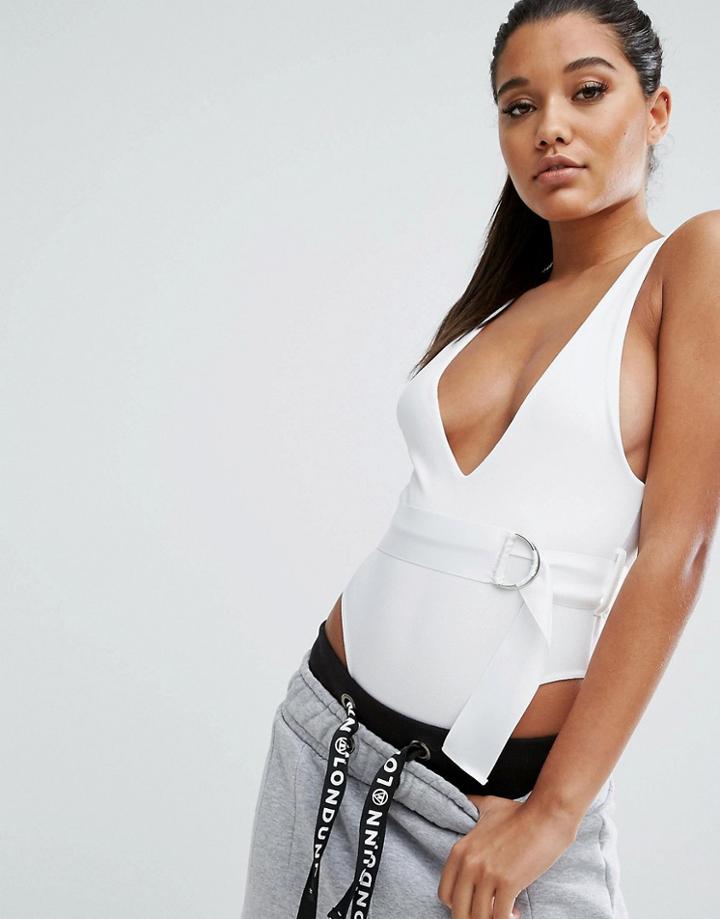 Missguided Londunn Scuba Belted V Neck Body - White