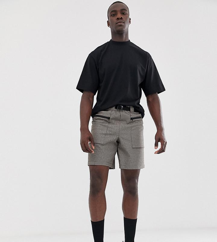 Asos Design Tall Utility Shorts In Micro Check With Belt - Brown