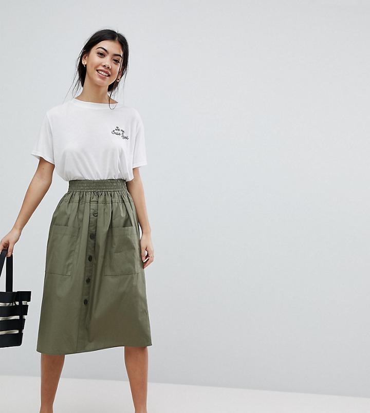 Asos Design Petite Cotton Midi Skirt With Button Front - Green