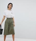 Asos Design Petite Cotton Midi Skirt With Button Front - Green