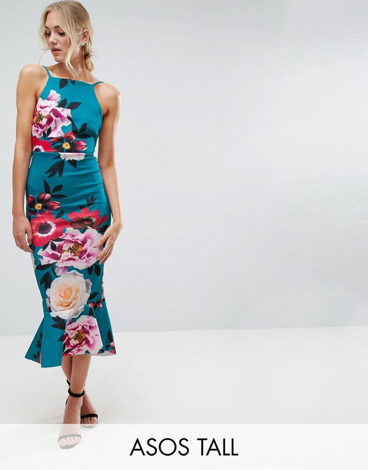 Asos Tall Floral Pinny Midi Dress With Pephem - Blue