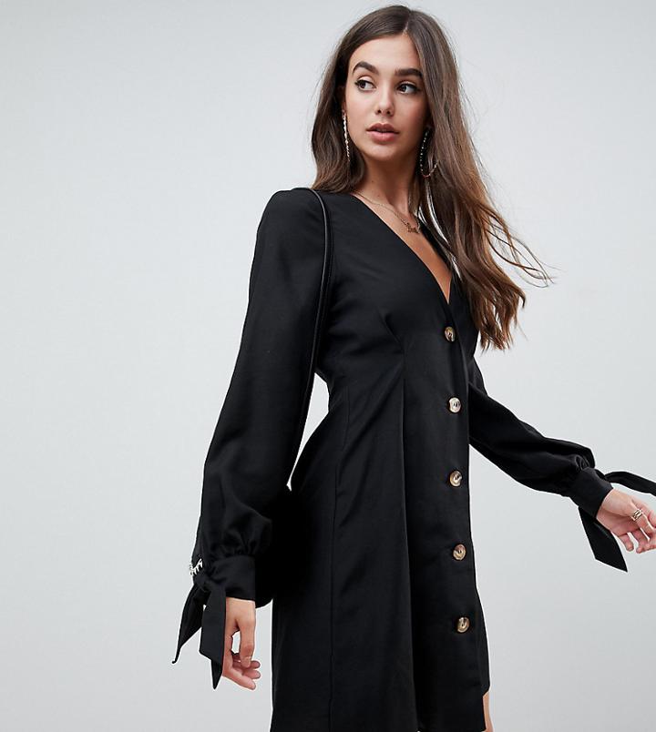 Asos Design Tall Button Through Mini Skater Dress With Tie Sleeves-black