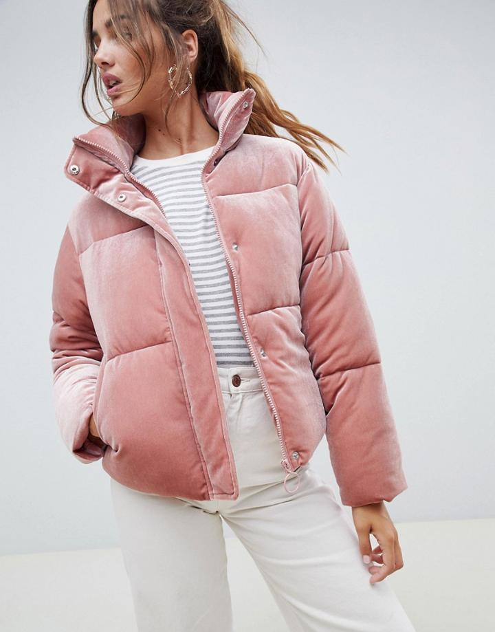 Asos Design Ultimate Puffer In Velvet With Funnel Neck - Pink