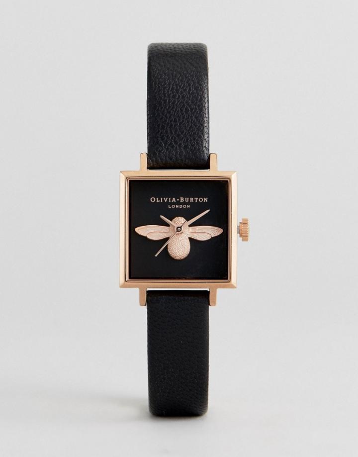 Olivia Burton Ob16am128 3d Bee Square Leather Watch In Black - Black