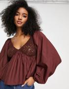 Asos Design V-neck Crochet Top With Ruffle Sleeve And Peplum Hem In Chocolate-brown