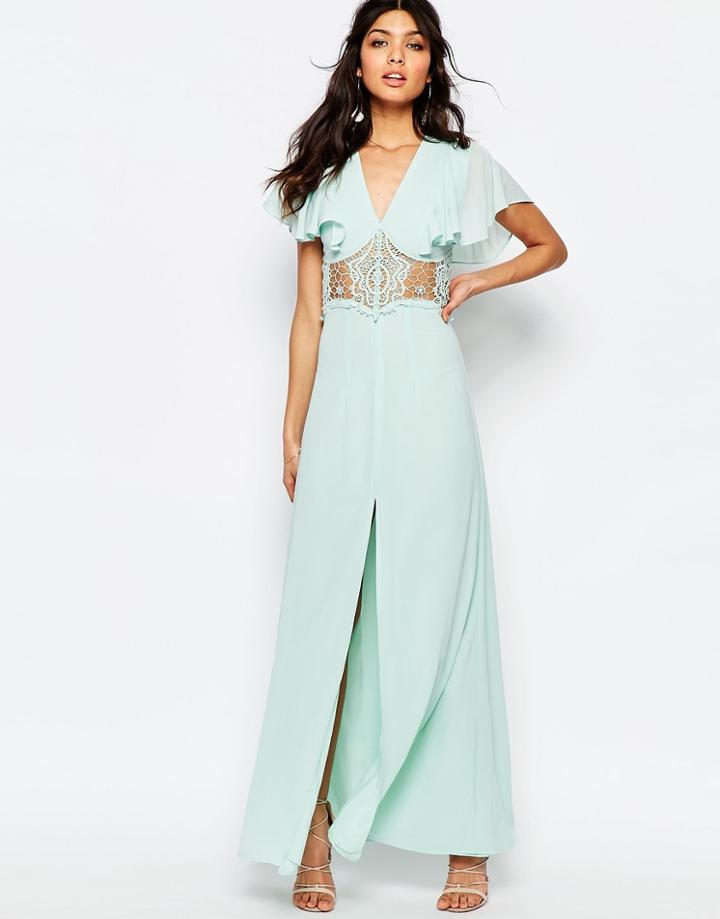 Jarlo Edith Button Front Lace Insert Flutter Sleeve Maxi Dress - Soft Mint