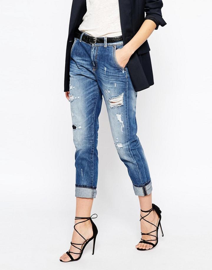 Sisley Boyfriend Jeans With Distress Detail - Blue