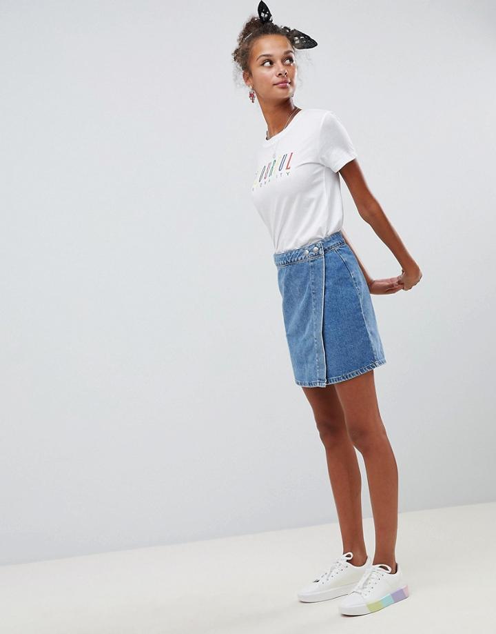 Asos Design Denim Wrap Skirt In Stonewash Blue-blues