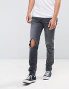 Asos Skinny Jeans In Vintage Black With Rip And Repair - Black