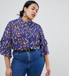 Lost Ink Plus Shirt With Ruffle Sleeves In Leopard - Blue