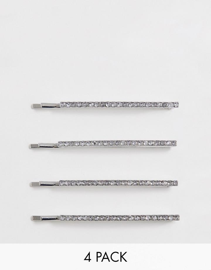 Asos Design Pack Of 4 Hair Clips In Crystal In Silver Tone - Silver