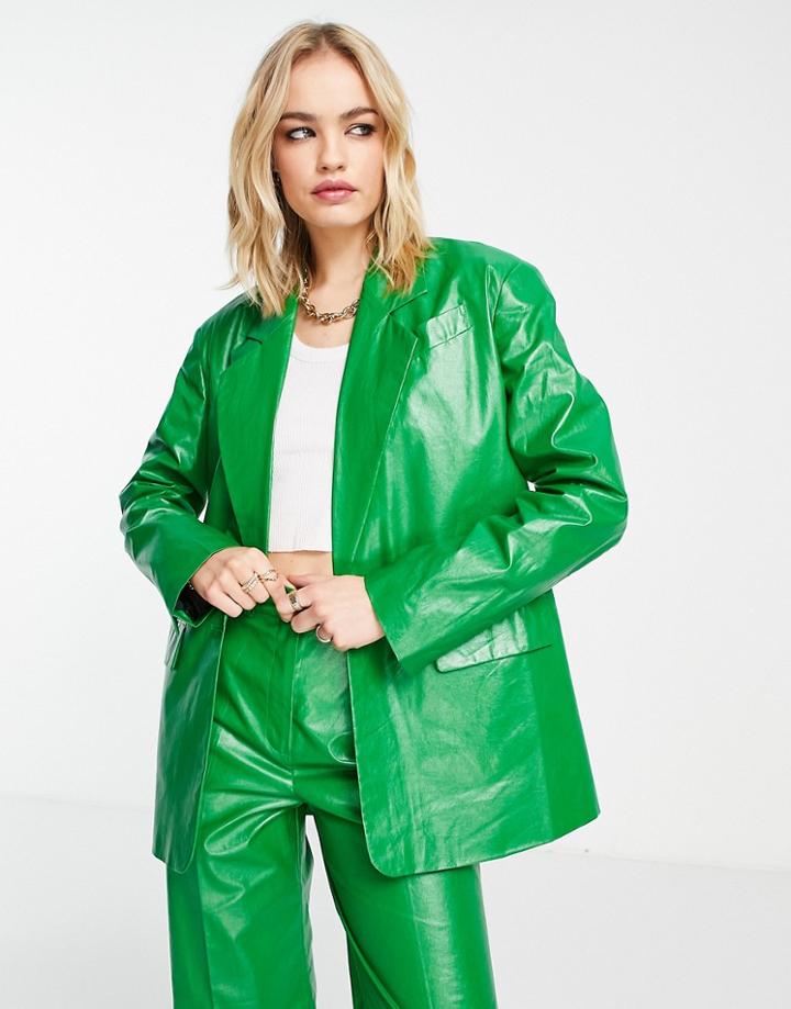Topshop Coated Blazer In Green
