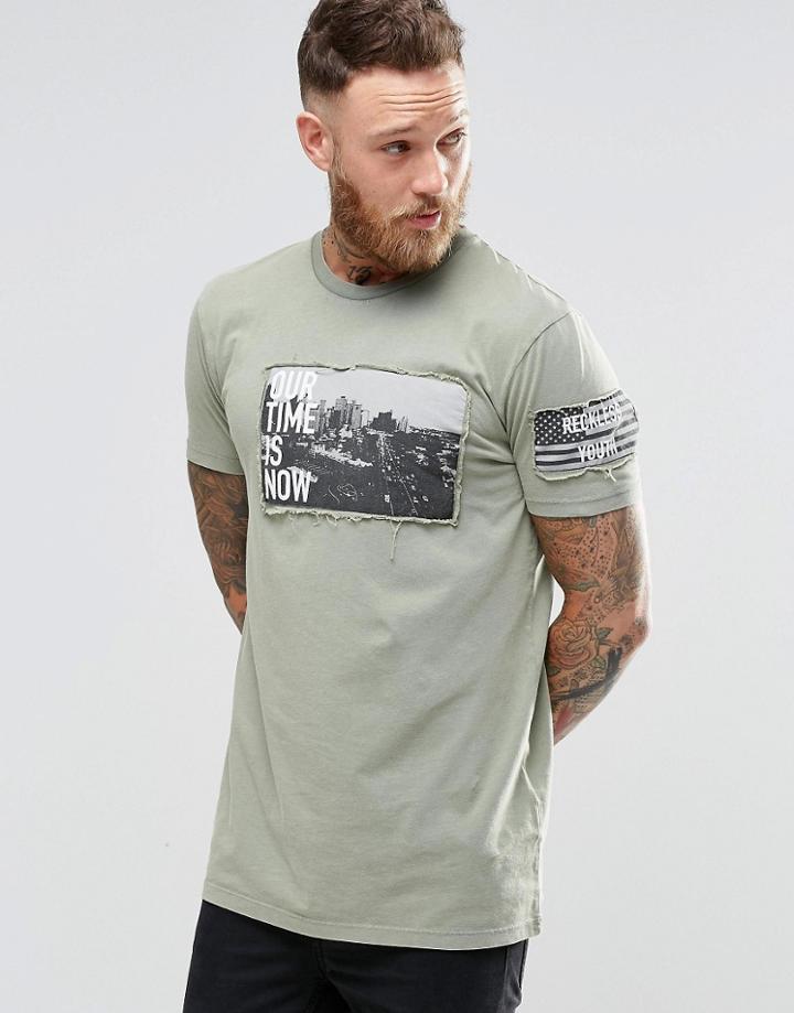 Asos Longline T-shirt With Acid Wash And Printed Patch - Camo Khaki