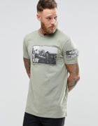 Asos Longline T-shirt With Acid Wash And Printed Patch - Camo Khaki