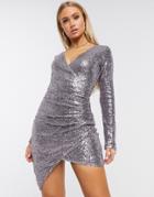 Club L Wrap Front Sequin Mini Dress In Lilac-silver