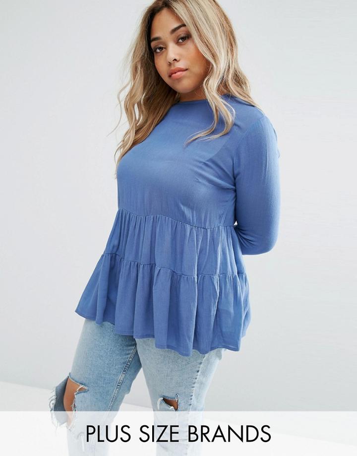 Lost Ink Plus Woven Top With Ruffle Hem - Blue