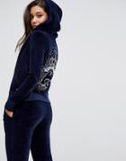 Lipsy Velour Hoodie With Diamonte Crown Back - Navy