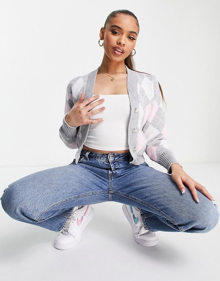 Naanaa Argyle Cardigan In Gray And Pink-multi