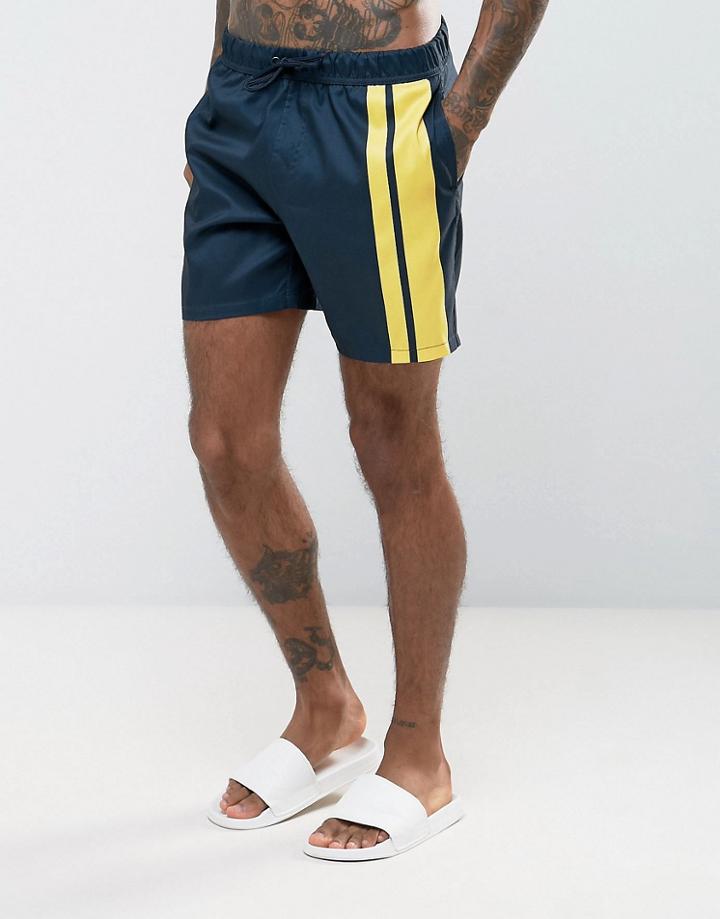 Asos Swim Shorts In Navy With Placement Stripe In Mid Length - Navy