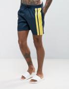 Asos Swim Shorts In Navy With Placement Stripe In Mid Length - Navy