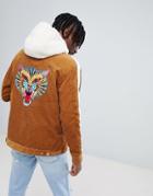 Bershka X Fedez Borg Jacket With Back Embroidery In Camel - Tan