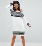 Asos Design Tall Fairisle Sweater Dress In Off Shoulder Shape-multi