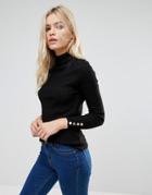 Brave Soul Grace Rib Turtleneck Sweater With Button Cuffs - Black
