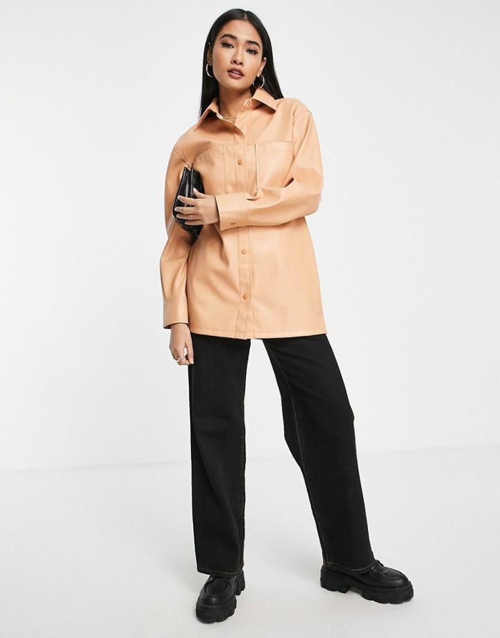 Topshop Faux Leather Shirt With Front Pockets In Peach-orange