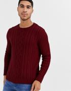 Asos Design Knitted Cable Knit Sweater In Burgundy
