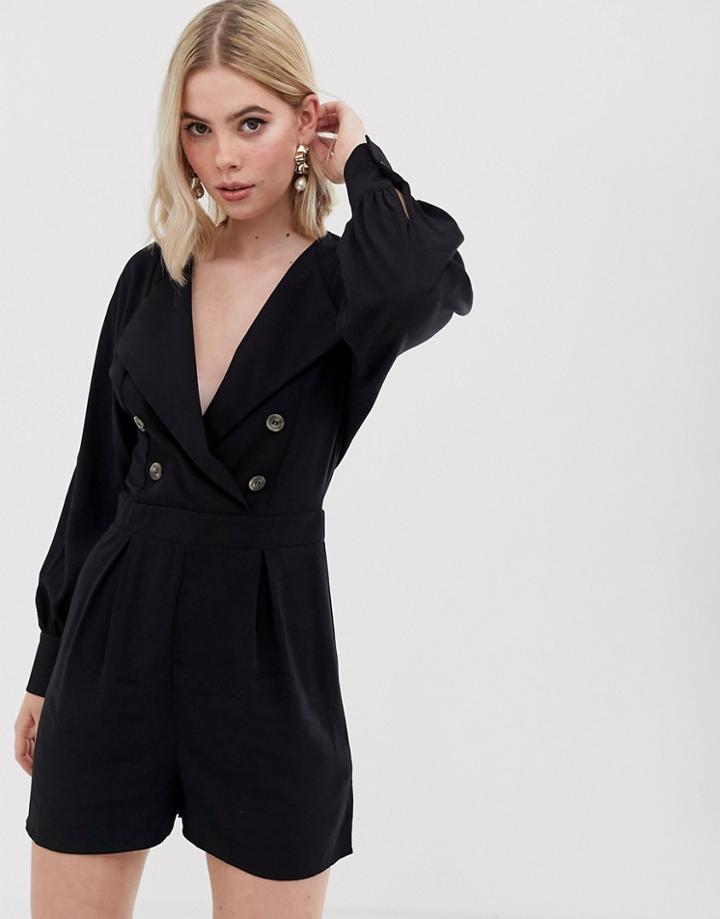 Asos Design Tux Wrap Romper With Button Detail-black