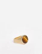 Asos Design Brushed Gold Signet Ring With Tigers Eye