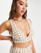 Asos Design Jersey Suit Crop Top In Textured Natural Check-multi
