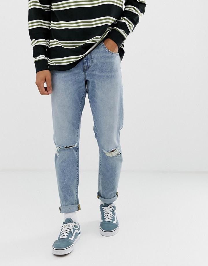Asos Design 12.5oz Slim Jeans In Vintage Light Wash With Knee Rips And Abrasions - Blue