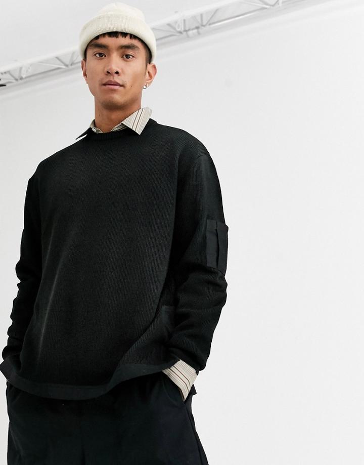 Asos Design Knitted Ribbed Sweater With Woven Panels In Black