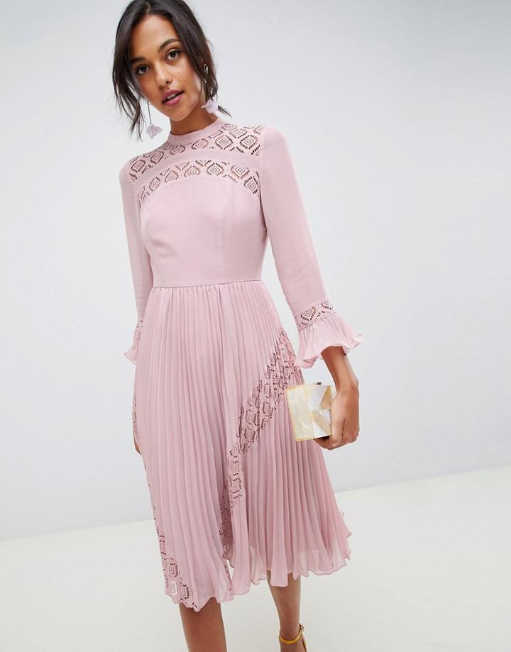 Asos Design Lace Insert Pleated Midi Skater Dress - Brown