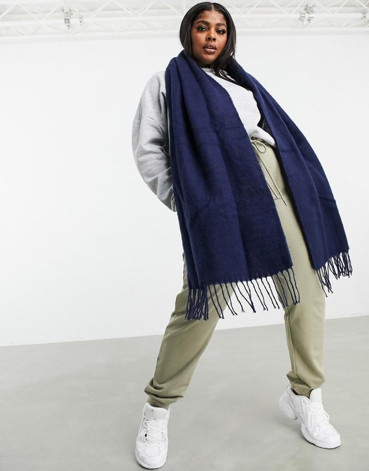 Asos Design Supersoft Long Woven Scarf With Tassels Navy