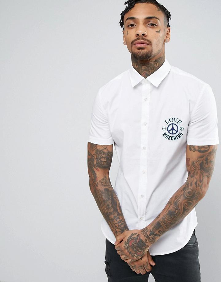 Love Moschino Shirt With Peace Logo In Slim Fit - Blue