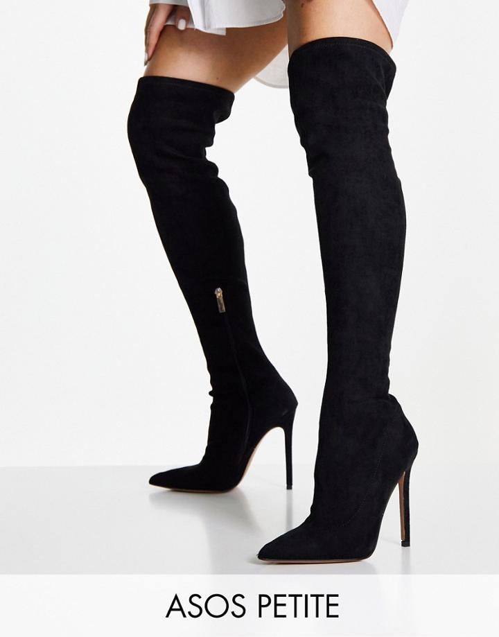 Asos Design Petite Koko Heeled Over The Knee Boots In Black Micro