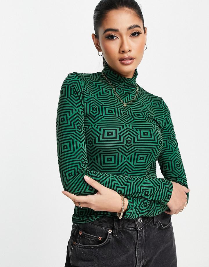 Stradivarius Seamless High Neck Top In Green Geo Print-multi