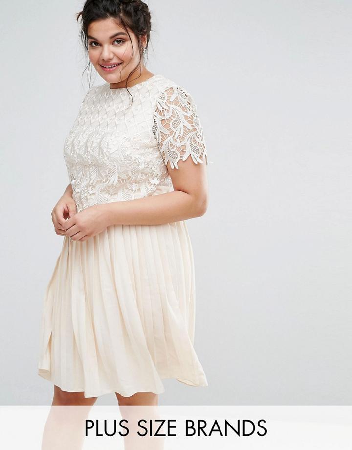 Little Mistress Plus Premium Lace Overlay Midi Dress With Pleated Skirt - Cream
