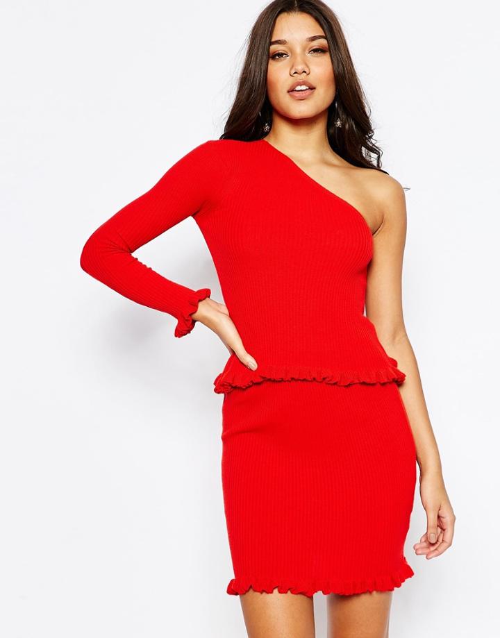 Asos Co-ord One Shoulder Sweater In Rib With Ruffle Hem - Red